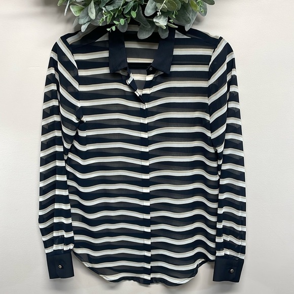 Ann Taylor Striped Sheer Button Down Long Sleeve Blouse 2T - Picture 1 of 16